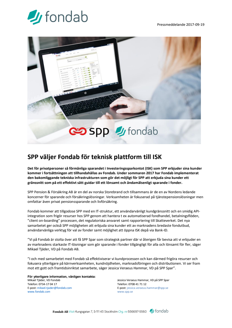 SPP väljer Fondab för teknisk plattform till ISK