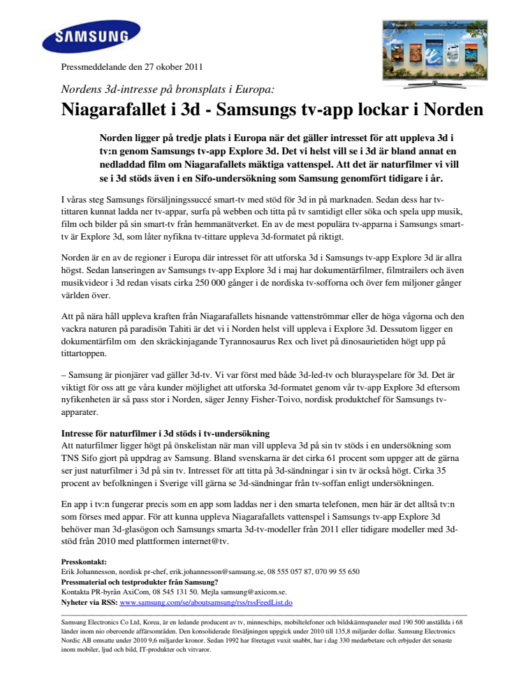 Niagarafallet i 3d - Samsungs tv-app lockar i Norden