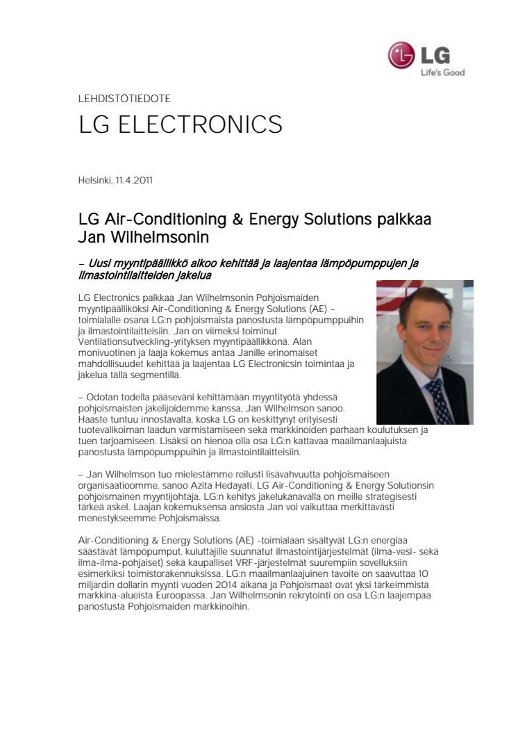 LG Air-Conditioning & Energy Solutions palkkaa Jan Wilhelmsonin