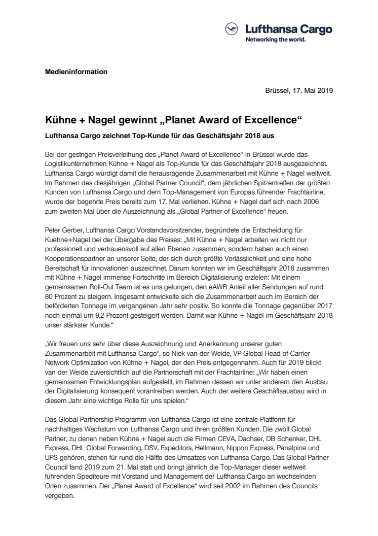 Kühne + Nagel gewinnt „Planet Award of Excellence“