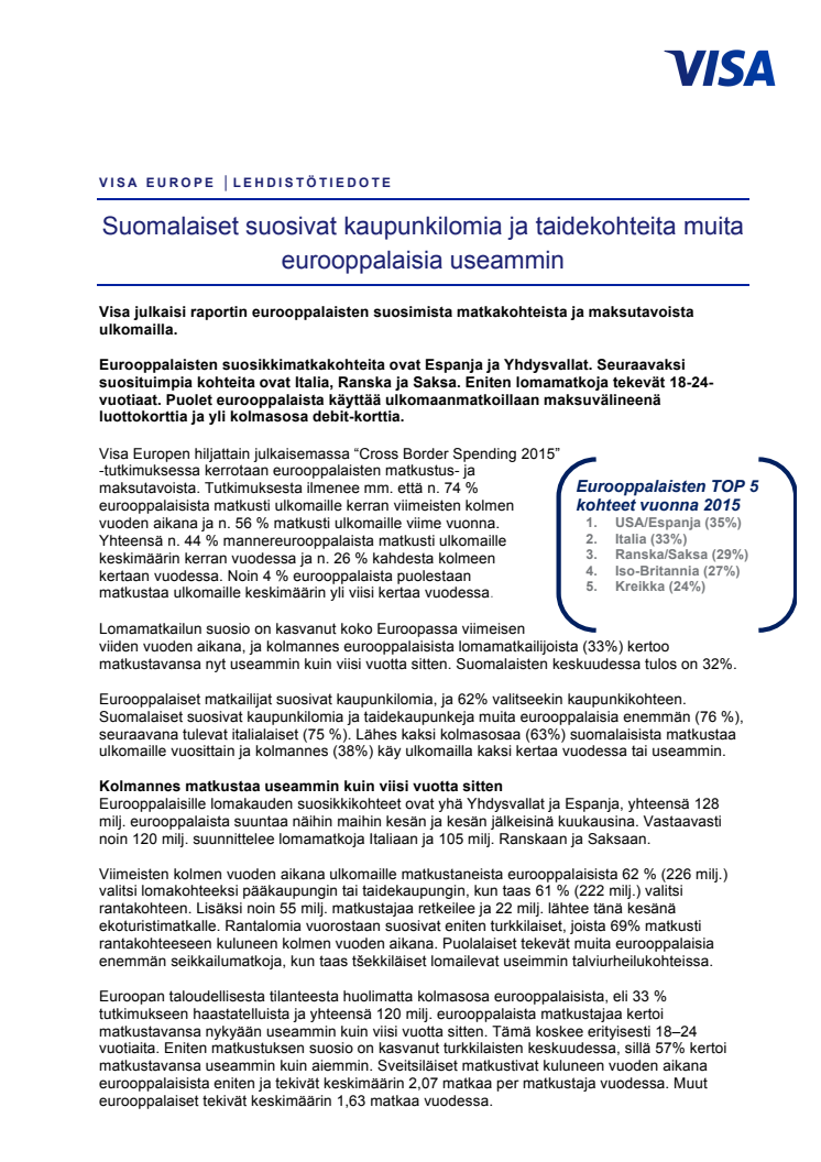 Suomalaiset suosivat kaupunkilomia ja taidekohteita muita eurooppalaisia useammin