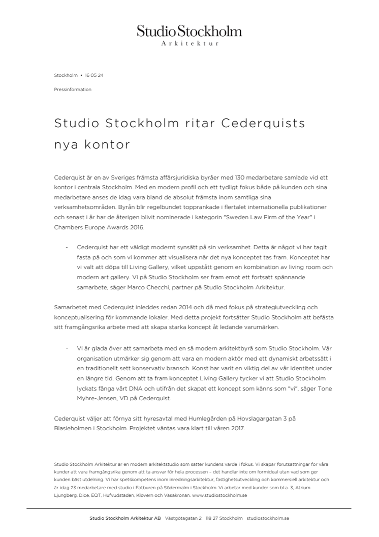 Studio Stockholm Arkitektur ritar Advokatfirman Cederquists nya kontor 