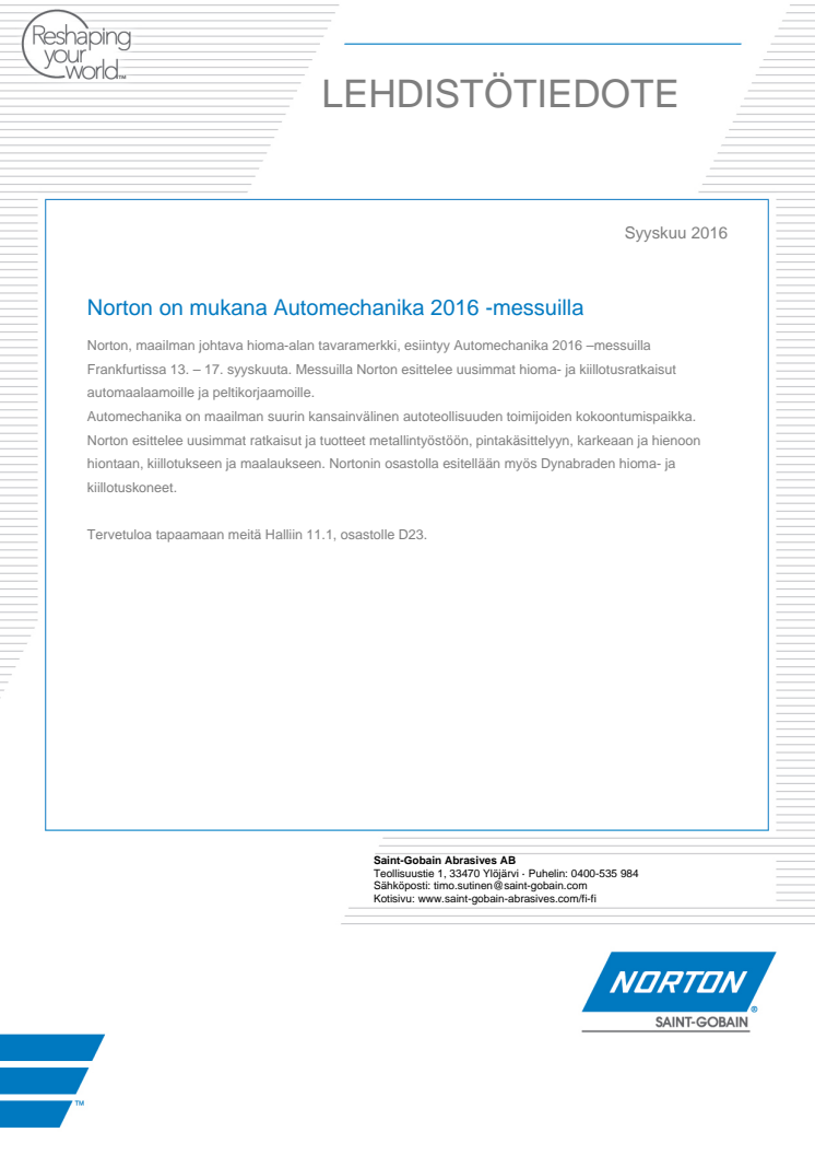 Norton on mukana Automechanika 2016 -messuilla