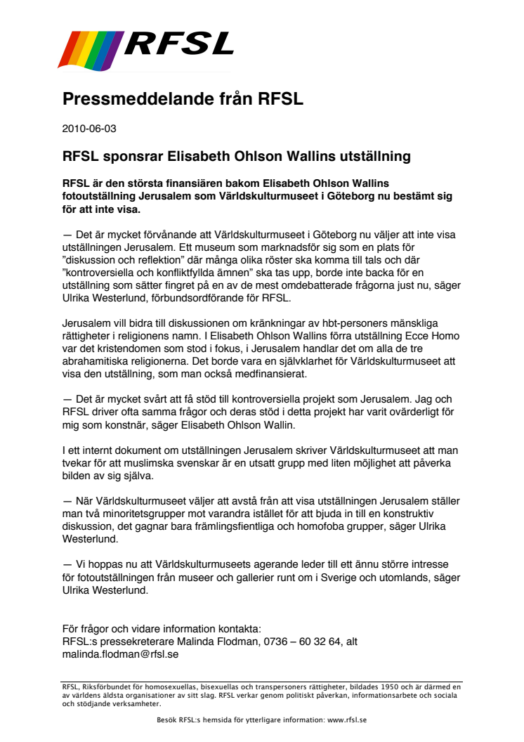 RFSL sponsrar Elisabeth Ohlson Wallins utställning