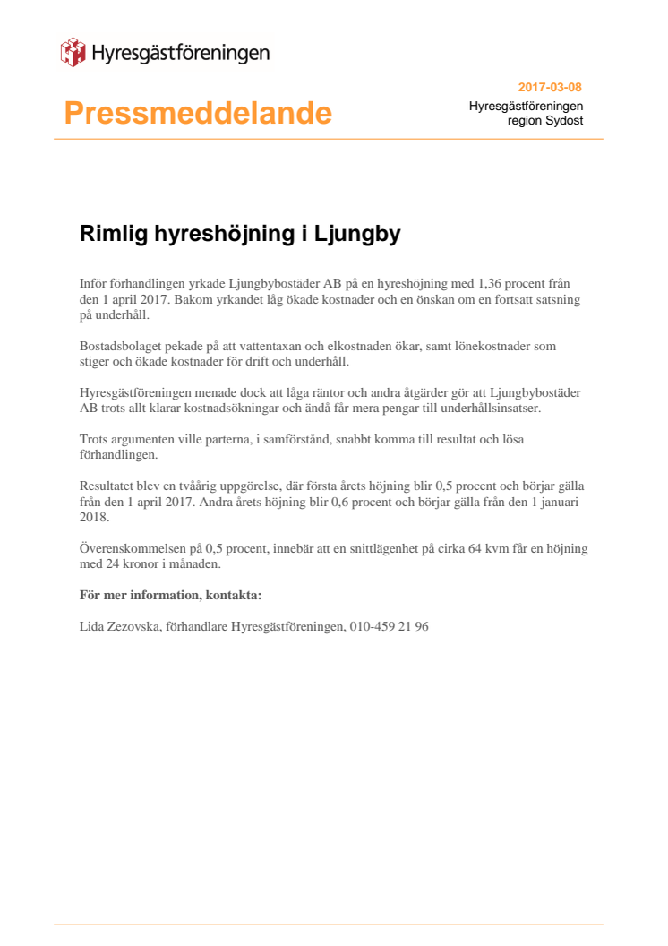 Rimlig hyreshöjning i Ljungby