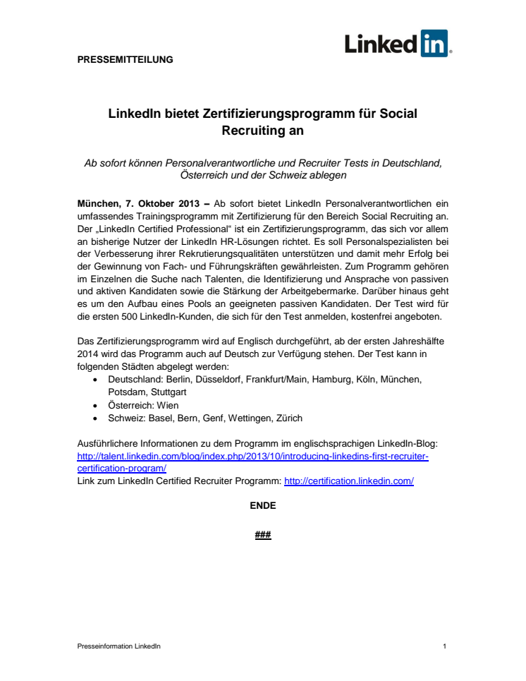 LinkedIn bietet Zertifizierungsprogramm für Social Recruiting an