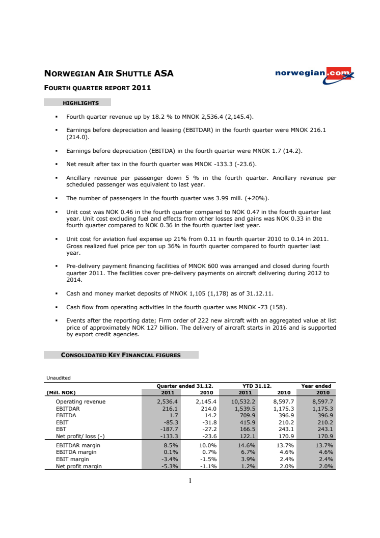 Norwegian Q4 11 Report