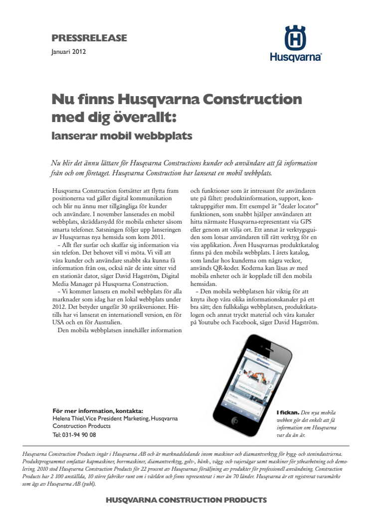 Nu finns Husqvarna Construction med dig överallt - lanserar mobil webbplats