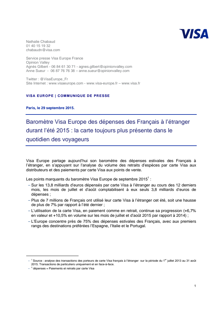 Baromètre Visa Europe des dépenses des Français à l’étranger durant l’été 2015 : la carte toujours plus présente dans le quotidien des voyageurs