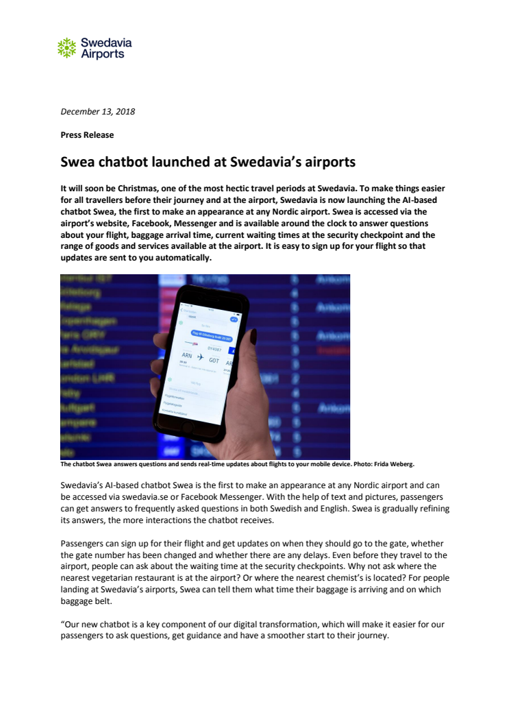 Swea chatbot launched at Swedavia’s airports