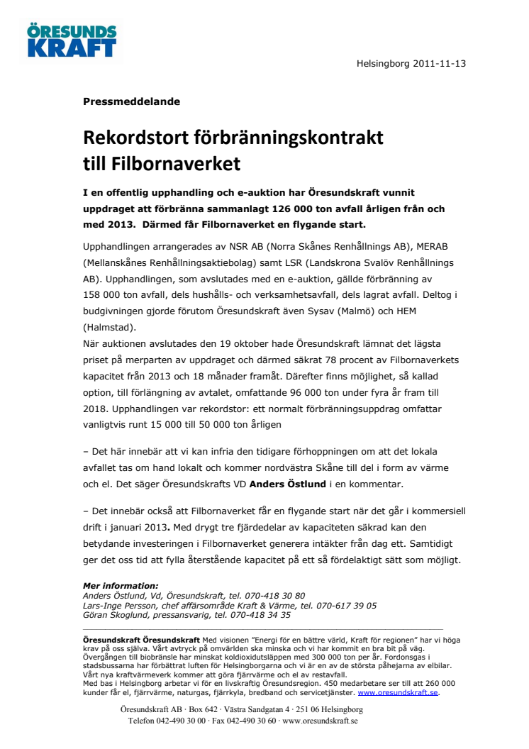 Rekordstort förbränningskontrakt till Filbornaverket