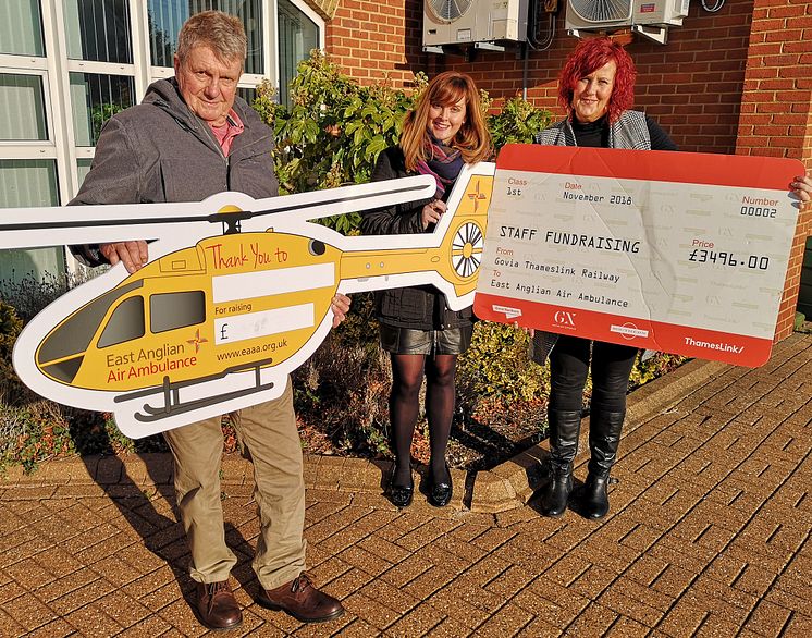 (from left) Bike crash survivor Greg Gregory, GTR's CSR Manager Katherine Cox and East Anglian Air Ambulance Community Fundraising Area Manager Barbara McGee