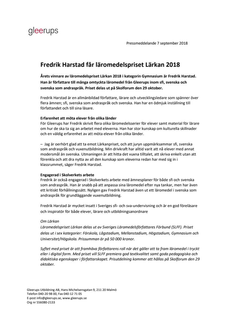 ​Fredrik Harstad får läromedelspriset Lärkan 2018