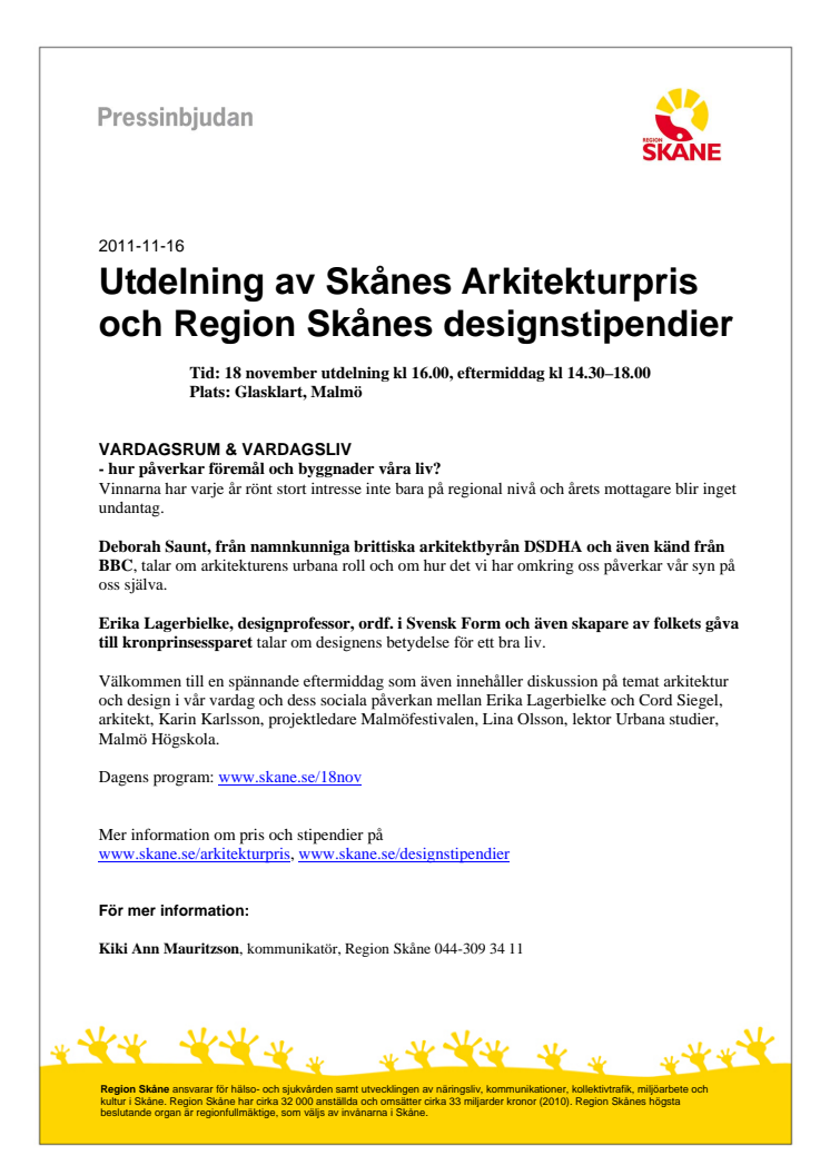 PÅMINNELSE: Pressinbjudan; Utdelning av Skånes Arkitekturpris och Region Skånes designstipendier