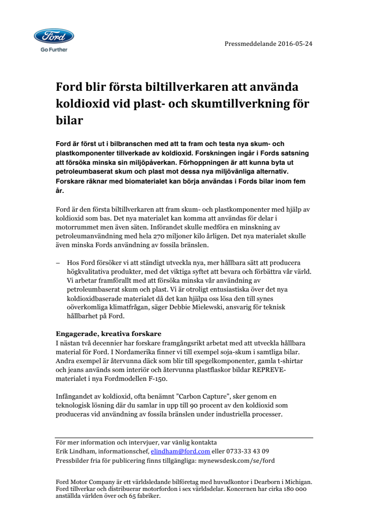 Ford blir första biltillverkaren att använda koldioxid vid plast- och skumtillverkning för bilar