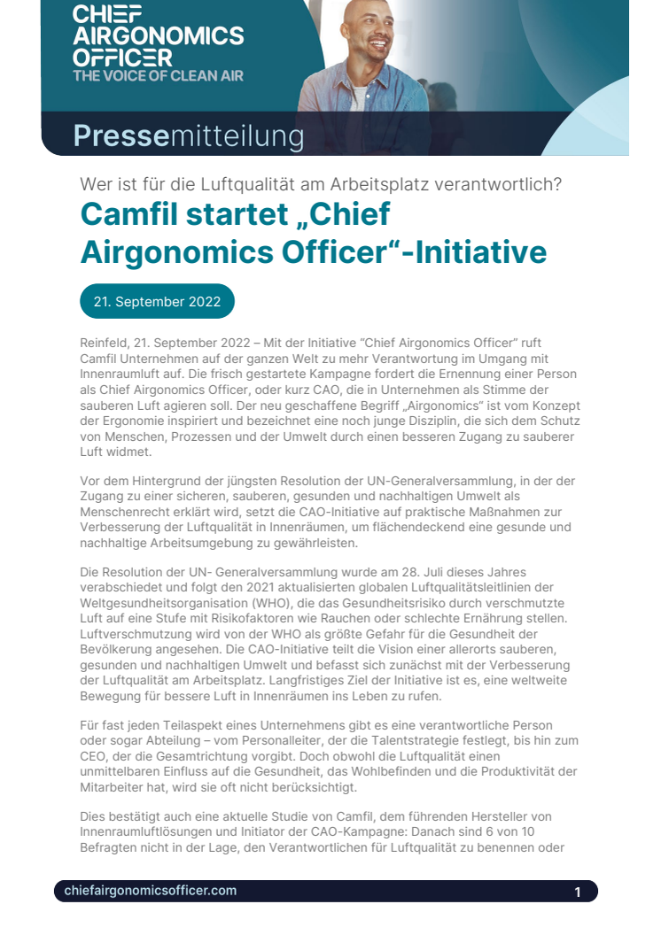 Pressemitteilung | Camfil startet „Chief Airgonomics Officer“-Initiative