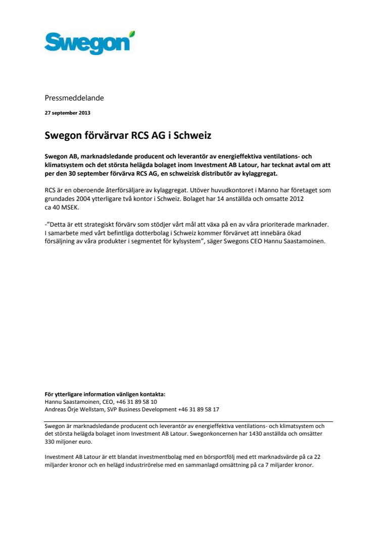 Swegon förvärvar RCS AG i Schweiz