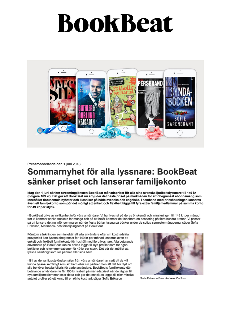 Sommarnyhet för alla lyssnare: BookBeat sänker priset och lanserar familjekonto