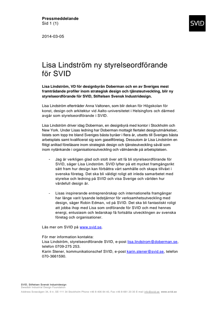 Lisa Lindström ny styrelseordförande för SVID