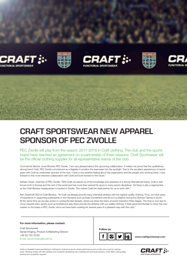 CRAFT SPORTSWEAR NEW APPAREL SPONSOR OF PEC ZWOLLE