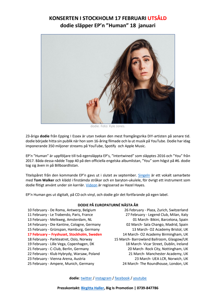 Dodie säljer ut konserten i Stockholm och släpper EP'n "Human" 18 januari 