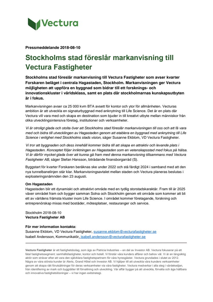 Stockholms stad föreslår markanvisning till Vectura Fastigheter