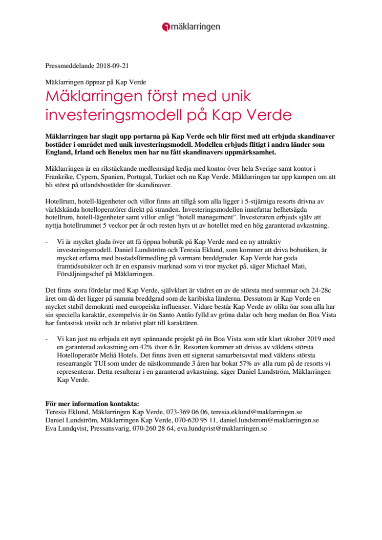 Mäklarringen först med unik investeringsmodell på Kap Verde
