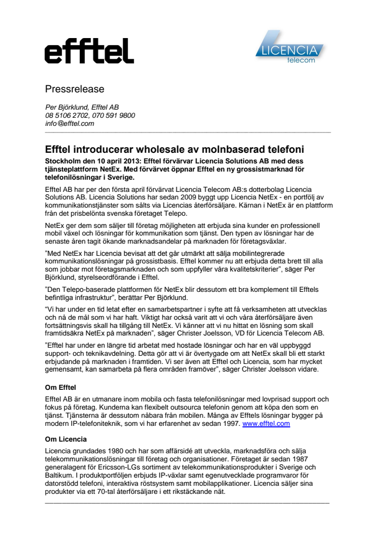 Efftel introducerar wholesale av molnbaserad telefoni