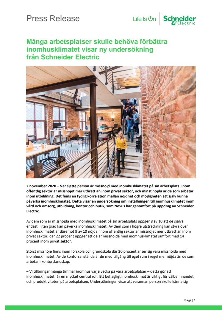 Många arbetsplatser skulle behöva förbättra inomhusklimatet visar ny undersökning från Schneider Electric
