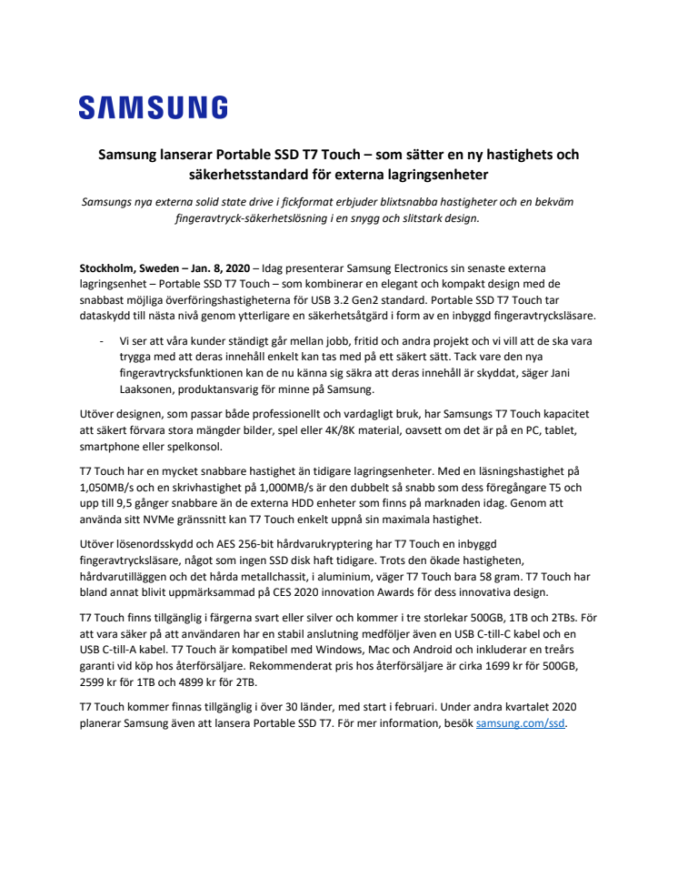Samsung presenterar Portable SSD T7 Touch – som sätter en ny hastighets och säkerhetsstandard för externa lagringsenheter