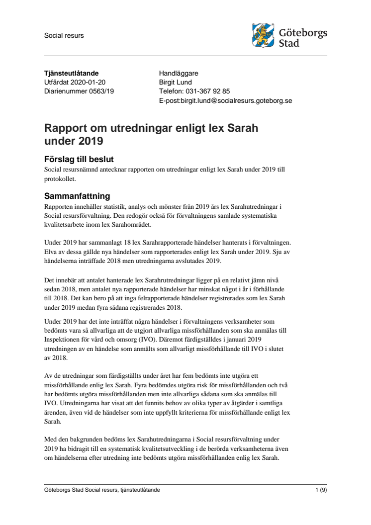 Social resursförvaltnings rapport om utredningar enligt lex Sarah 2019