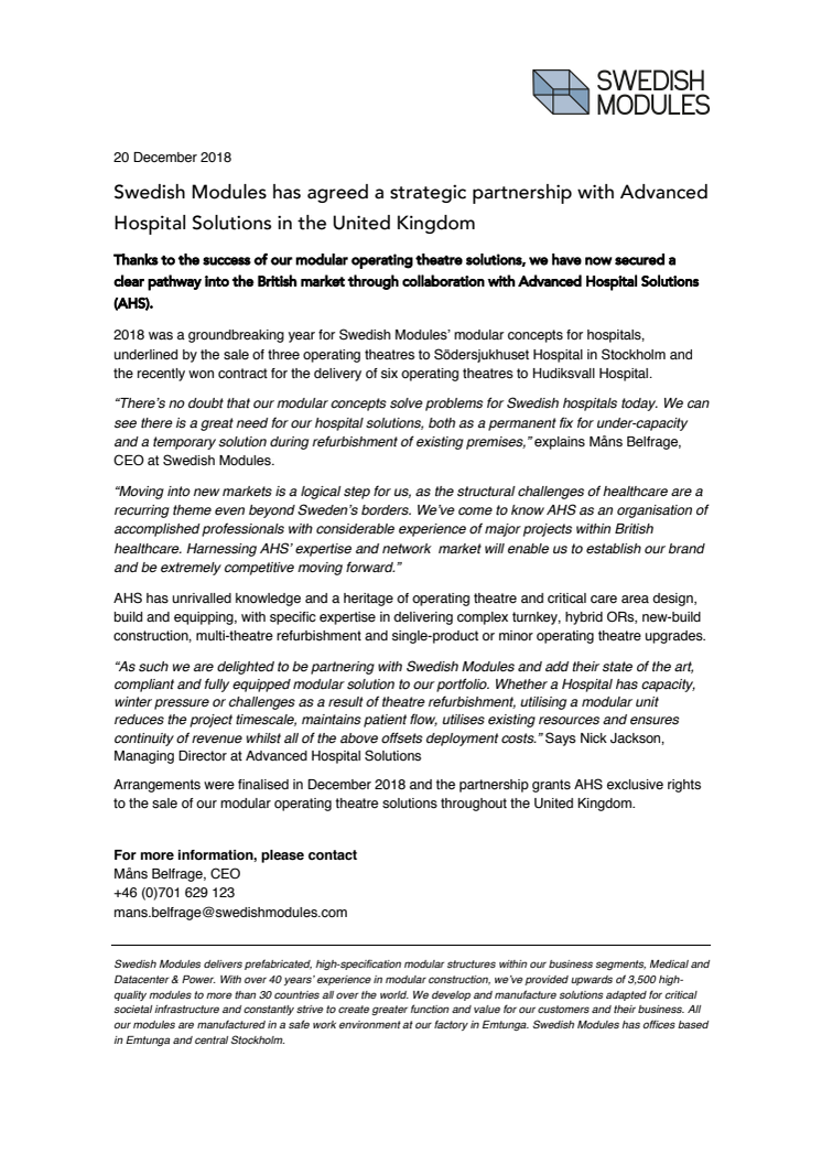 Swedish Modules has agreed a strategic partnership with Advanced Hospital Solutions in the United Kingdom 