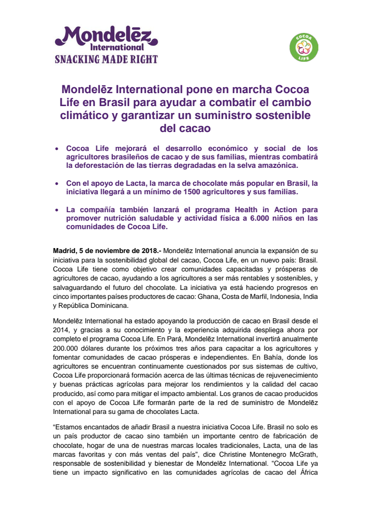 Mondelēz International pone en marcha Cocoa Life en Brasil para ayudar a combatir el cambio climático y garantizar un suministro sostenible del cacao
