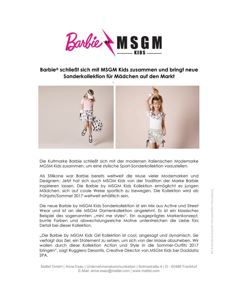 Barbie® schließt sich mit MSGM Kids zusammen und bringt neue Sonderkollektion für Mädchen auf den Markt 