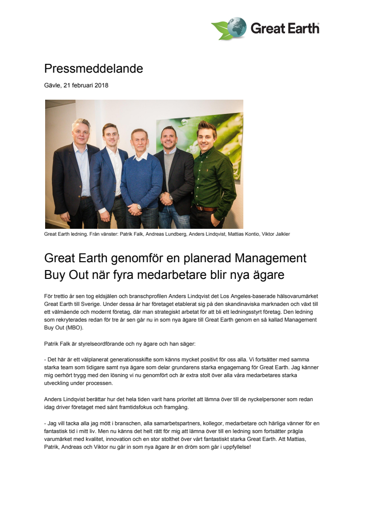 Great Earth genomför en planerad Management Buy Out när fyra medarbetare blir nya ägare