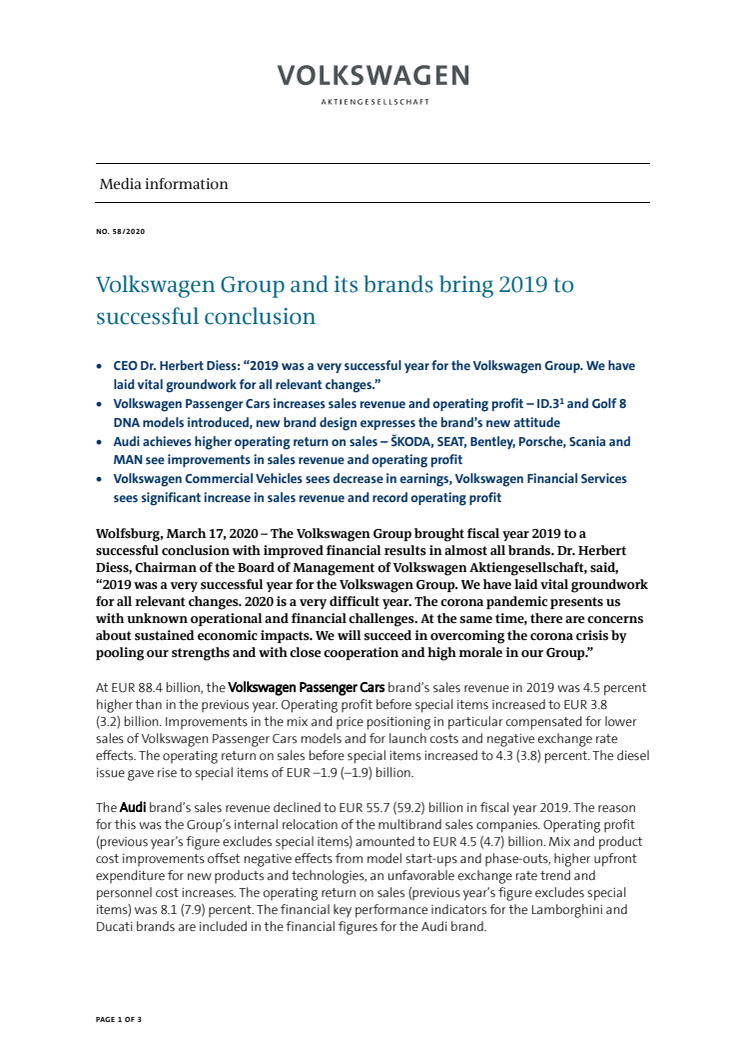 PM Volkswagen Group and its brands bring 2019 to successful conclusion