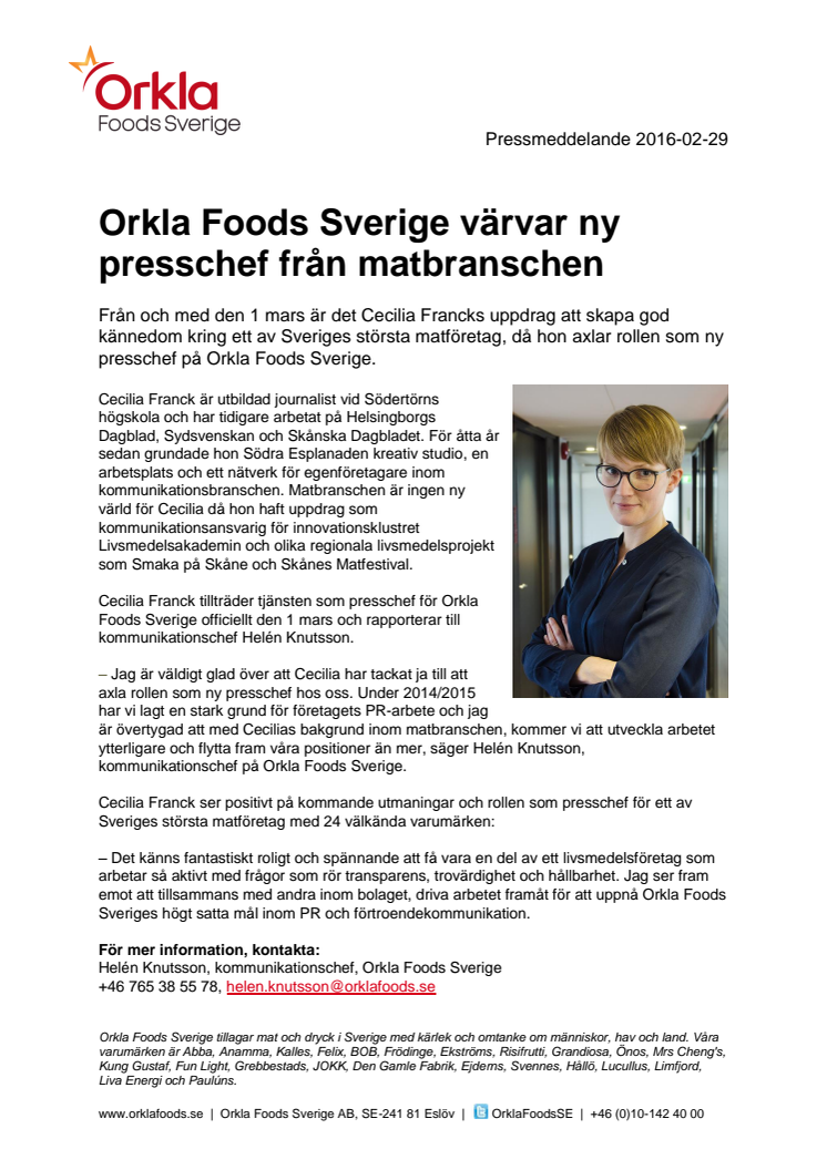 Orkla Foods Sverige värvar ny presschef från matbranschen