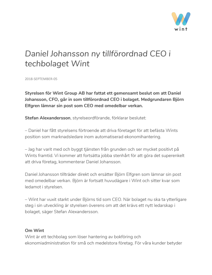 Daniel Johansson ny tillförordnad CEO i techbolaget Wint
