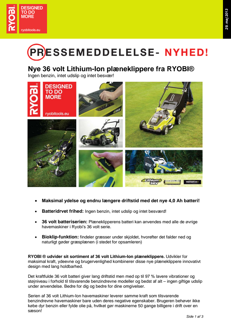 Nye 36 volt Lithium-Ion plæneklippere fra RYOBI®