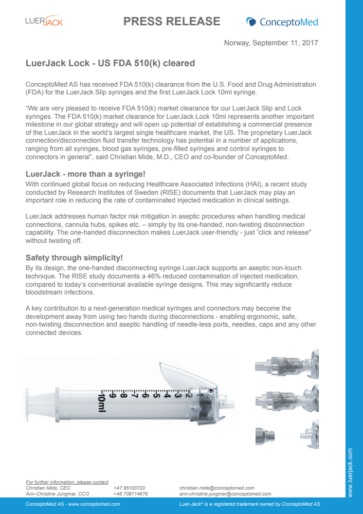 LuerJack Lock - US FDA 510(k) cleared