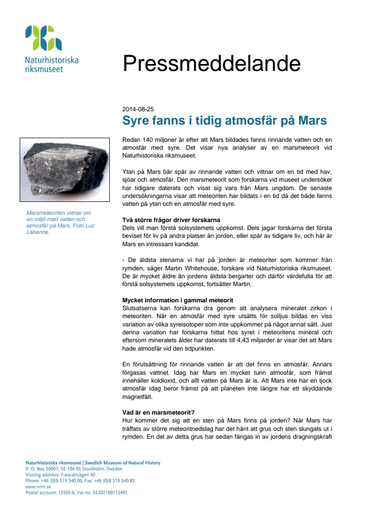 Syre fanns i tidig atmosfär på Mars