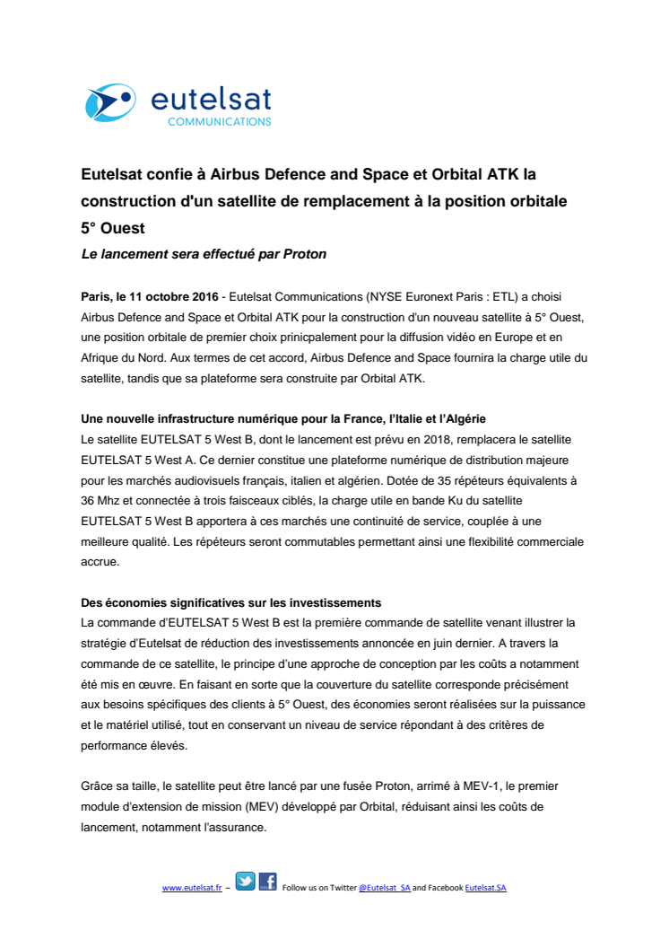 Eutelsat confie à Airbus Defence and Space et Orbital ATK la construction d'un satellite de remplacement à la position orbitale 5° Ouest