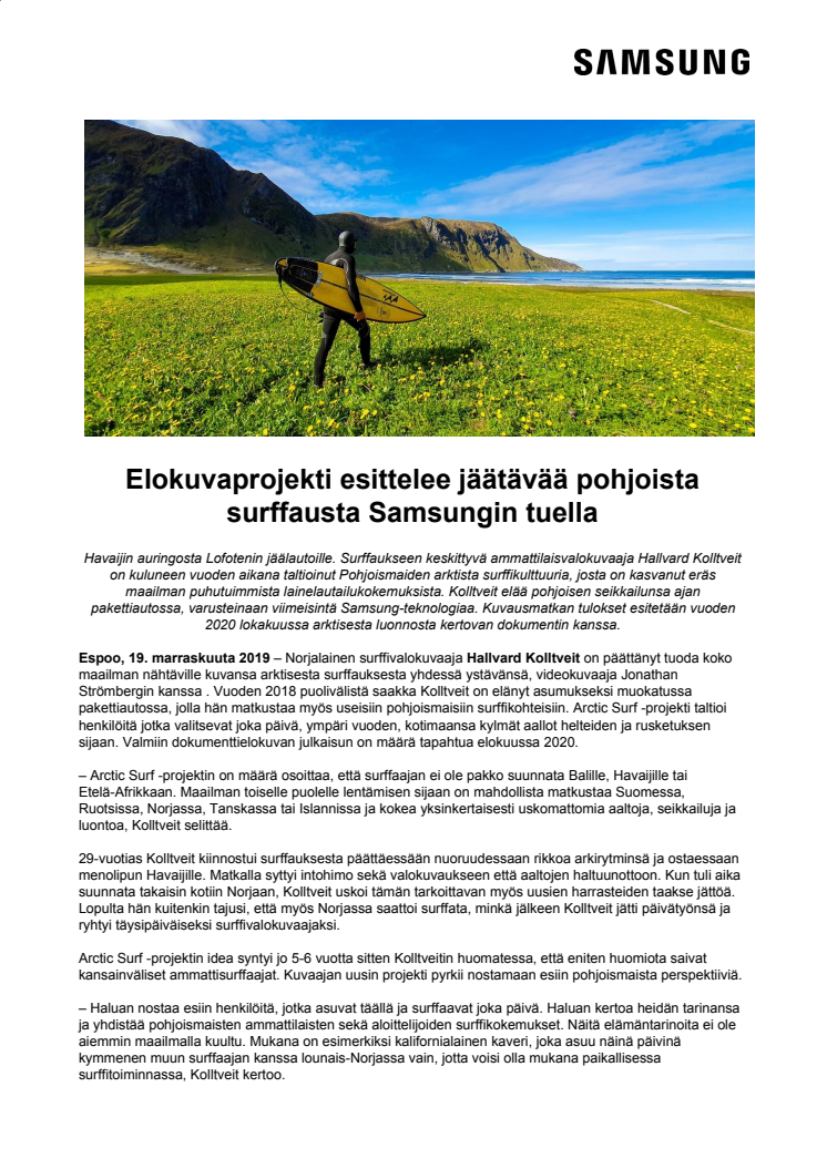 Elokuvaprojekti esittelee jäätävää pohjoista surffausta Samsungin tuella