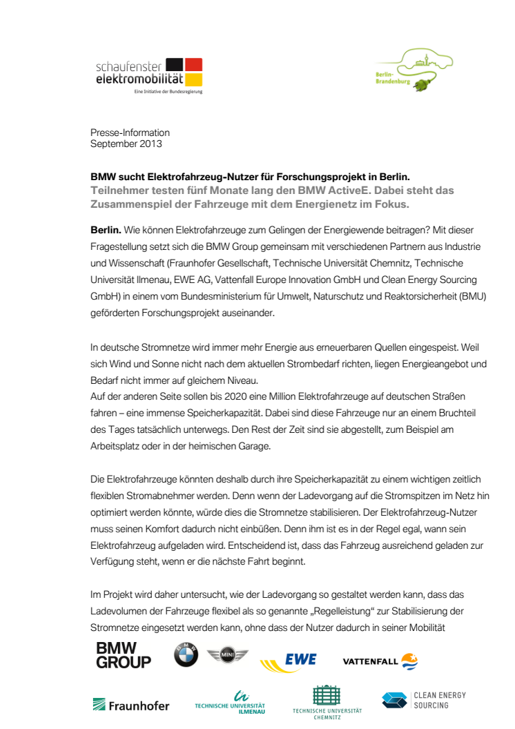 BMW sucht Elektrofahrzeug-Nutzer für Forschungsprojekt in Berlin 