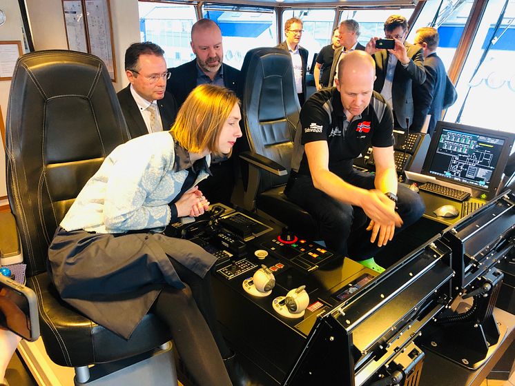 Iselin Nybø, Norway's Minister of Research and Higher Education, on board Eidsvaag Pioneer