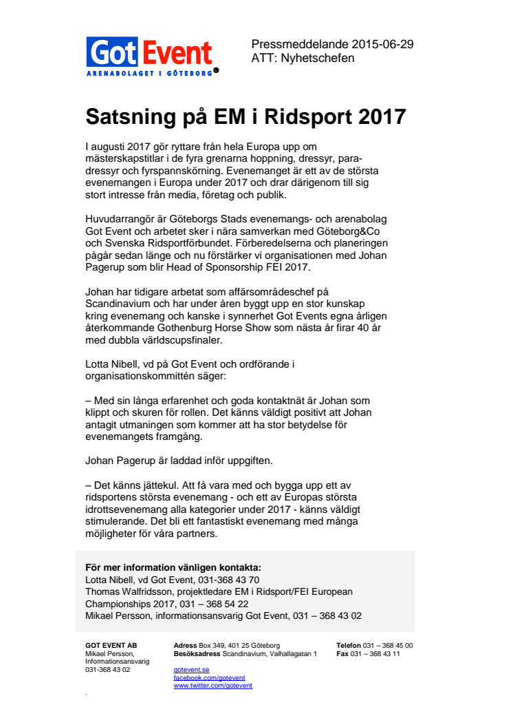 Satsning på EM i Ridsport 2017