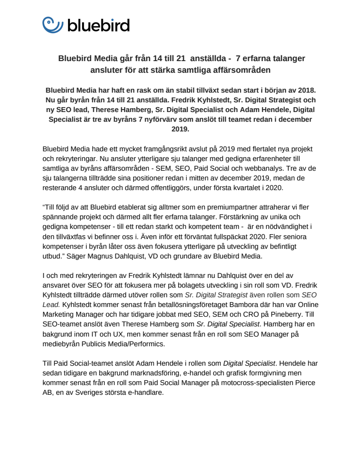 Bluebird Media går från 14 till 21  anställda – 7 erfarna talanger ansluter för att stärka samtliga affärsområden