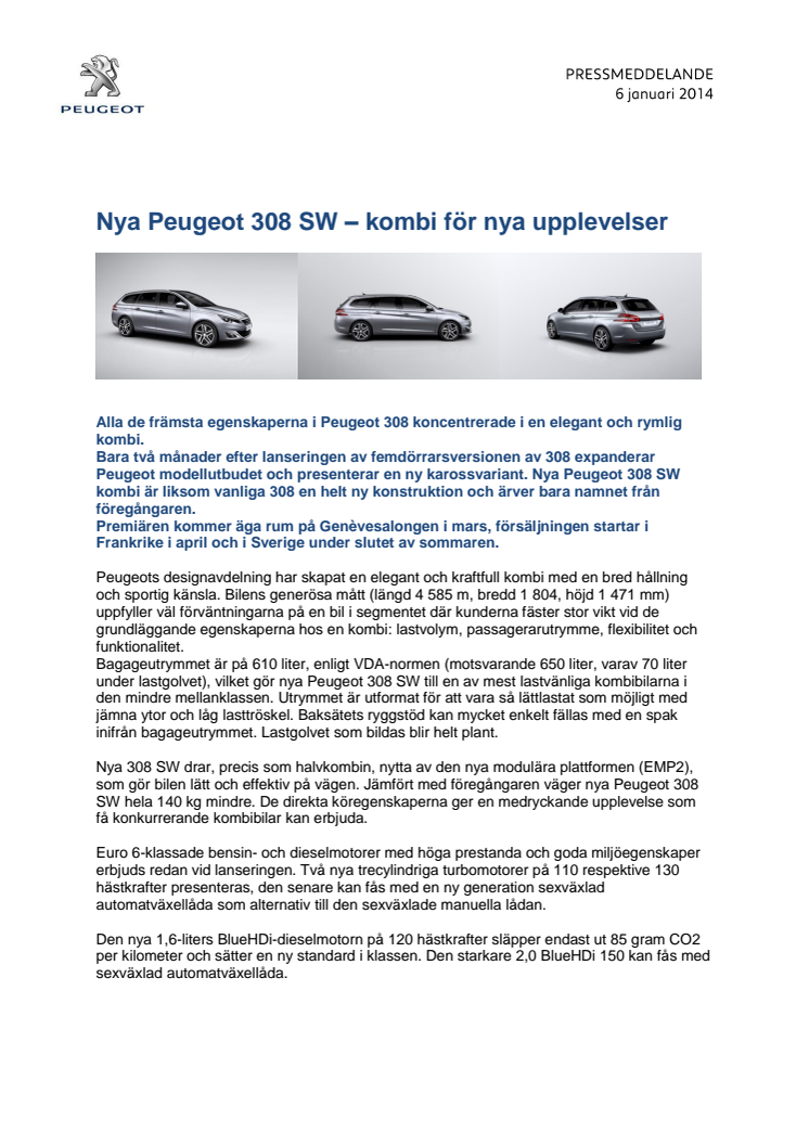 Nya Peugeot 308 SW – kombi för nya upplevelser