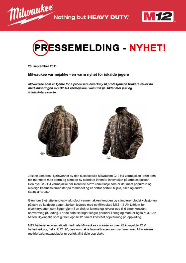 Milwaukee varmejakke i kamuflasje - en varm nyhet til iskalde jegere 