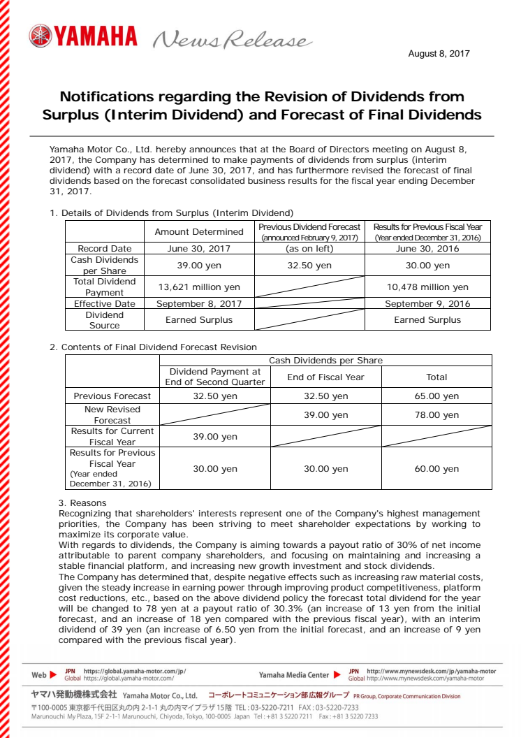 Notifications regarding the Revision of Dividends from Surplus (Interim Dividend) and Forecast of Final Dividends